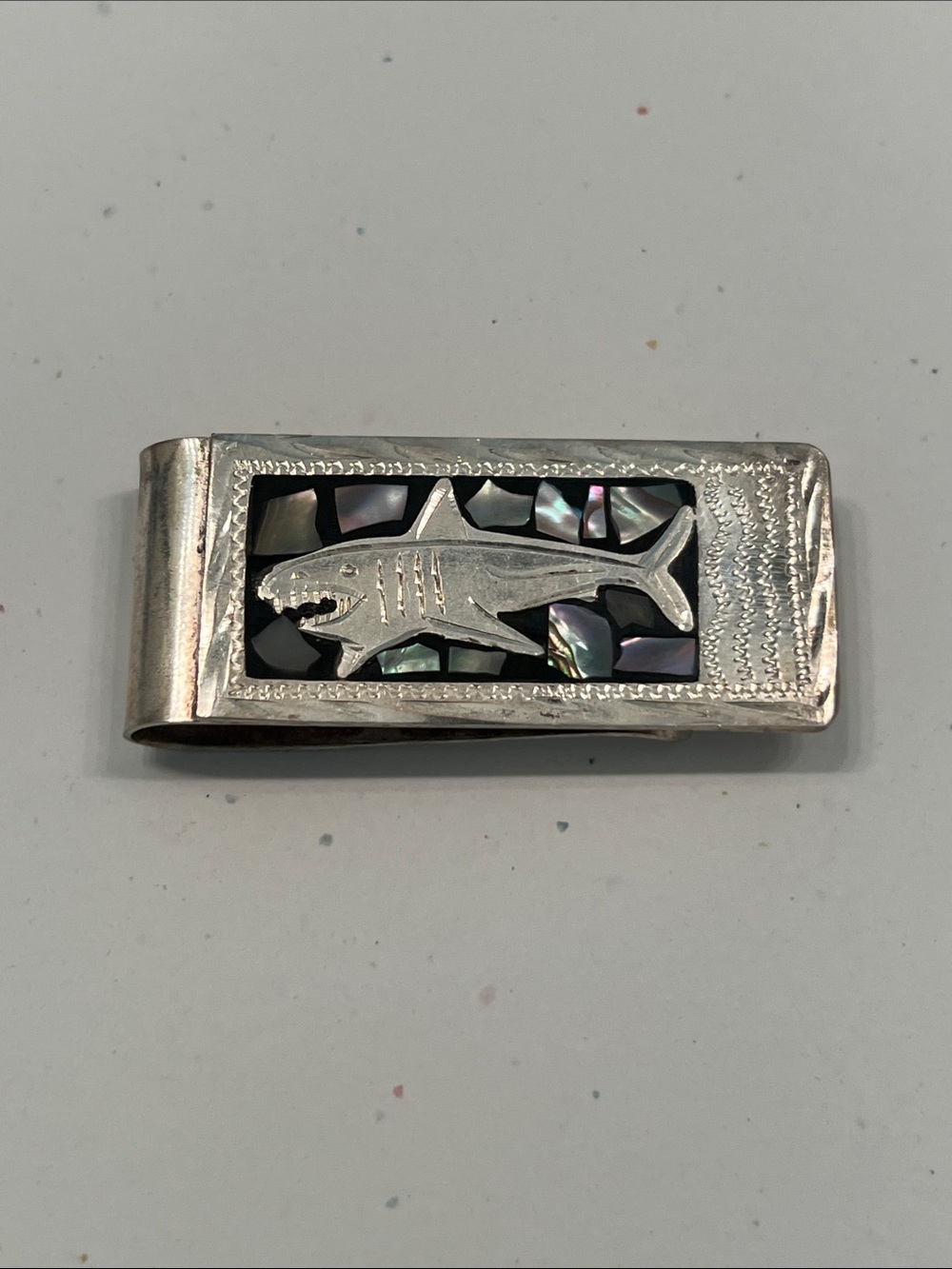 Vintage Alpaca Silver Shark & Abalone Inlay Money/Card Clip (1995)